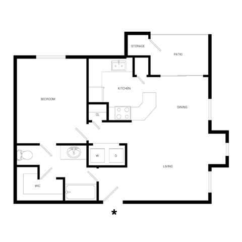 Floor plan for 1 bed, 1 bath, 706 sqft